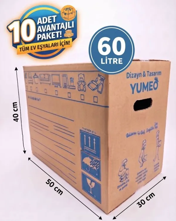 Yumeo Duncan Premium Ev Taşıma Kolisi 10 Adet 50x30x40cm-Tutma Yerli Çift Oluklu Kraft Sağlam Kutu 60 Lt