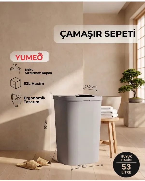 Yumeo 53 Litre Büyük Boy Kapaklı Çamaşır Sepeti Dar Alan Uyumlu Banyo Kirli Sepeti