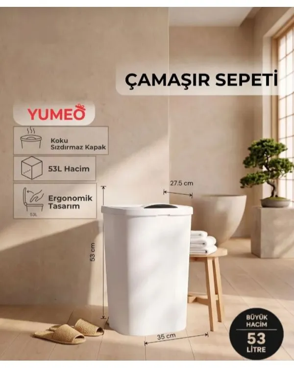 Yumeo Slim 53 Litre Kapaklı Çamaşır Sepeti Dar Alanlara Uygun Plastik Kirli Sepeti Beyaz